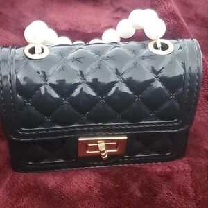 Chic Black Quilted Mini Bag with Pearl Handle